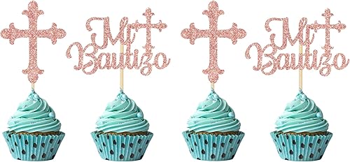 Paquete de 12 adornos para cupcakes Mi Bautizo, decoración de primera comunión para baby shower, decoración de fiesta de baby shower de primera