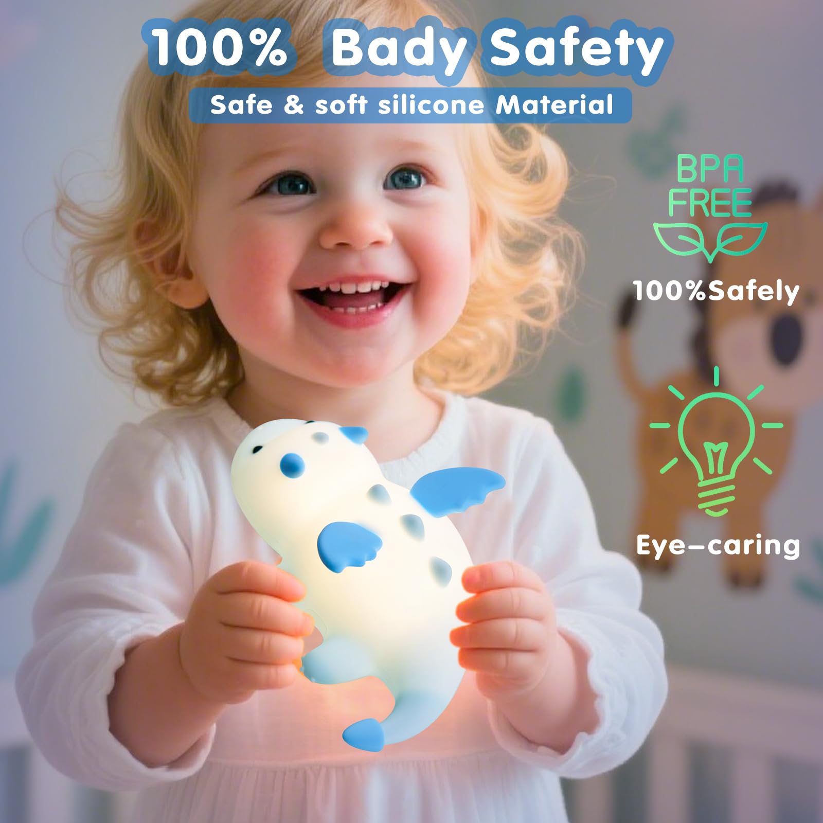 Niedliches Dinosaurier-Nachtlicht für Kinder, niedliche weiche Silikonlampe, 3 Stufen, dimmbar, wechselnd, wiederaufladbar, zum Stillen, Kinderzimmer, tragbare Kawaii-Lampen, Nachttischlampe