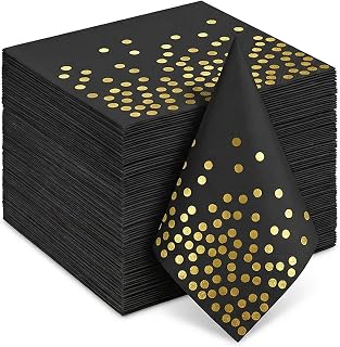 Black Napkins, Black with Gold Polka Dots, 6.5", 200 Packs | Cocktail Napkins, Dinner Napkins, Disposable, For Easter Wedding Birthday Party or Daily Use