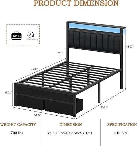 Miniatura 2 de Furnulem Marco de cama tamaño matrimonial con estación de carga y luces LED, cabecero tapizado en gris con estantes, cama de plataforma de metal con