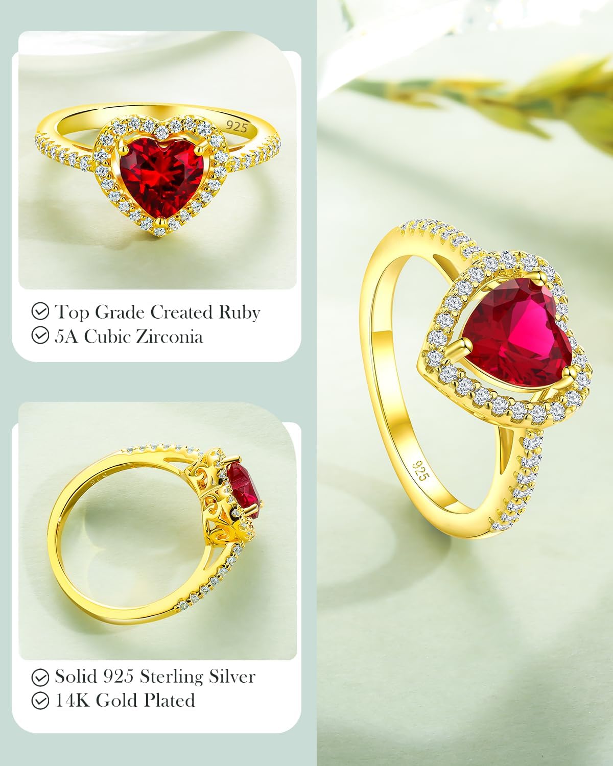 925 Sterling Silver/14K Gold Plated Heart/Square/Pear Shape Rings for Women Created Gemstone Engagement Birthday Party Jewerly(with Box)