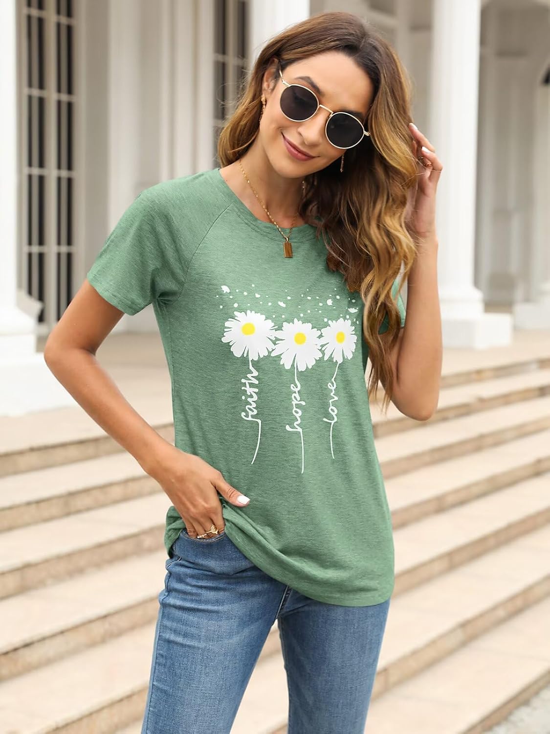EADINVE Women Crewneck Daisy Print Short Sleeve T-Shirts Summer Faith-Hope-Love Tees Loose Fit Graphic Tops 2026 - Image 3