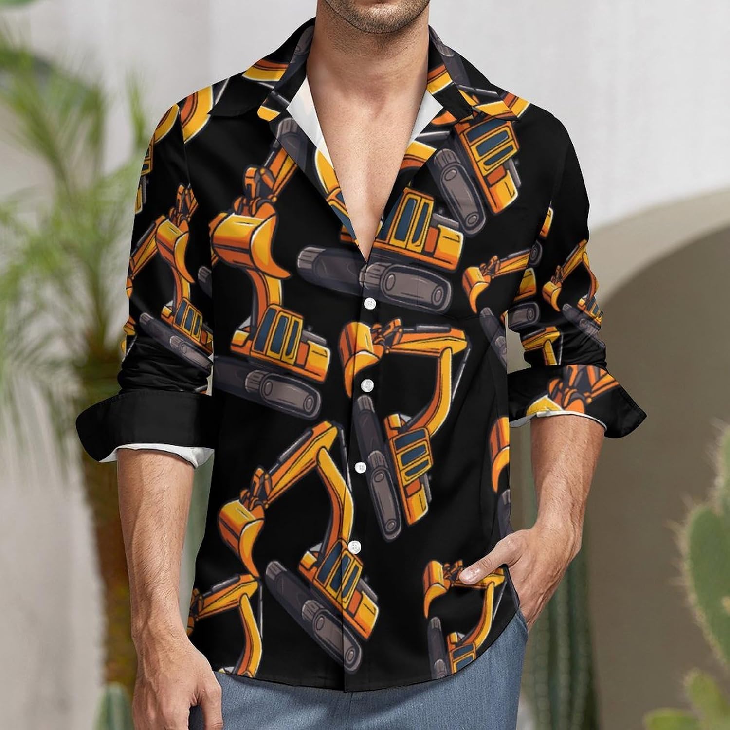 Construction Site Truck Driving Long Sleeve Shirts Casual Dress Shirt Button-down T-shirts for Men