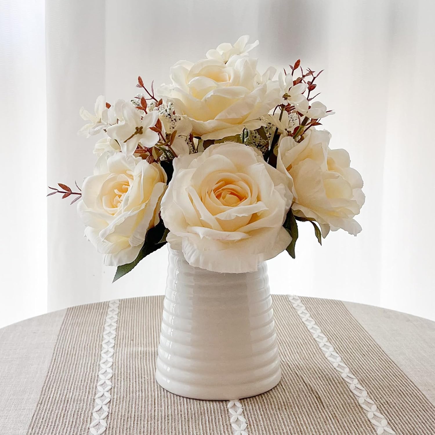 Elegant Artificial White Rose Bouquet in White Ceramic Ribbed Vase, Silk Floral Arrangement for Home Decor, Wedding Centerpiece, Living Room Decoration (White)
