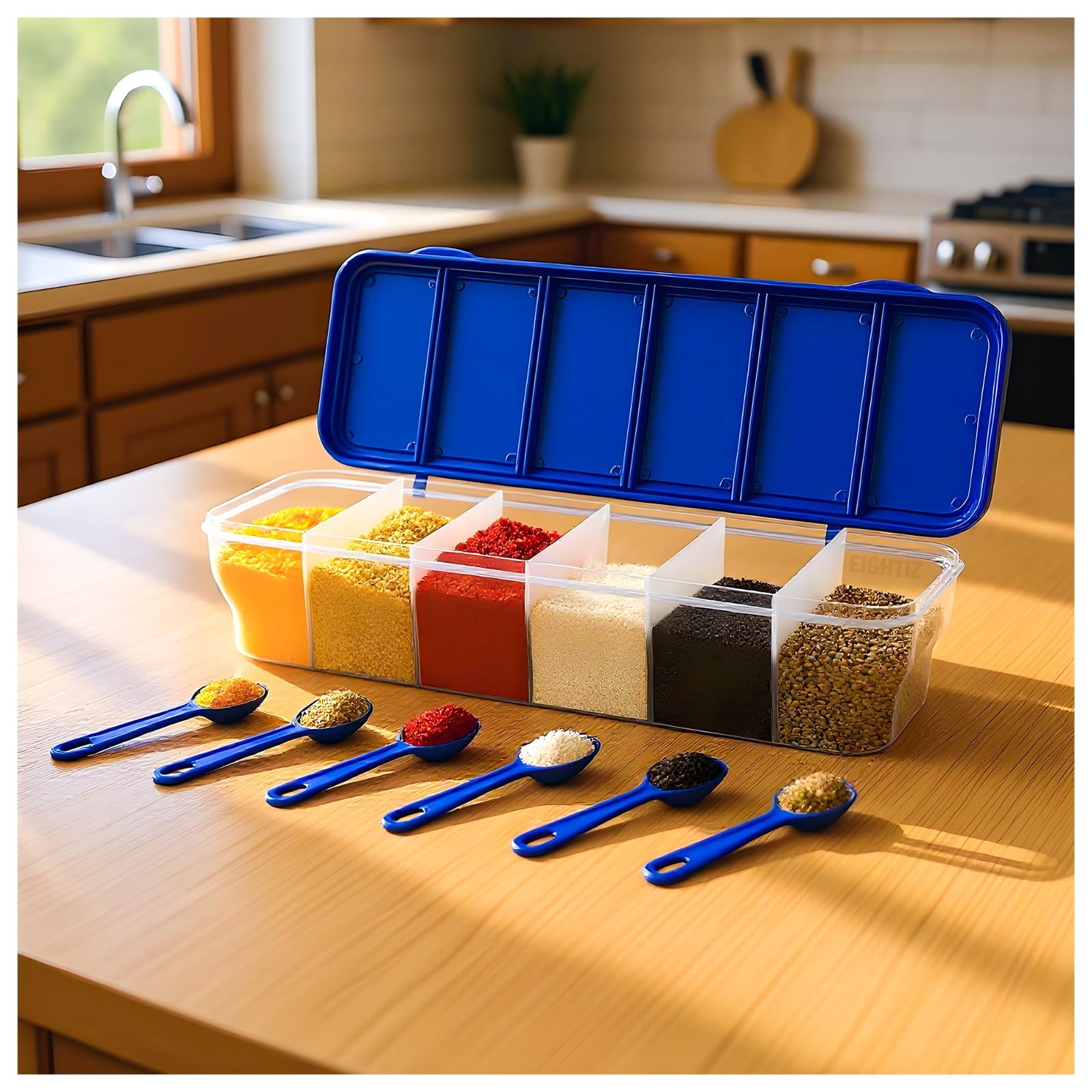 Eightiz Multipurpose Plastic 6 in 1 Masala Box for Kitchen, Transparent Pickel Box, 6 Compartment Storage Container Airtight for Cereal, Dry Fruits Dabba1800 Ml with 6 Spoons(Blue)-image-41