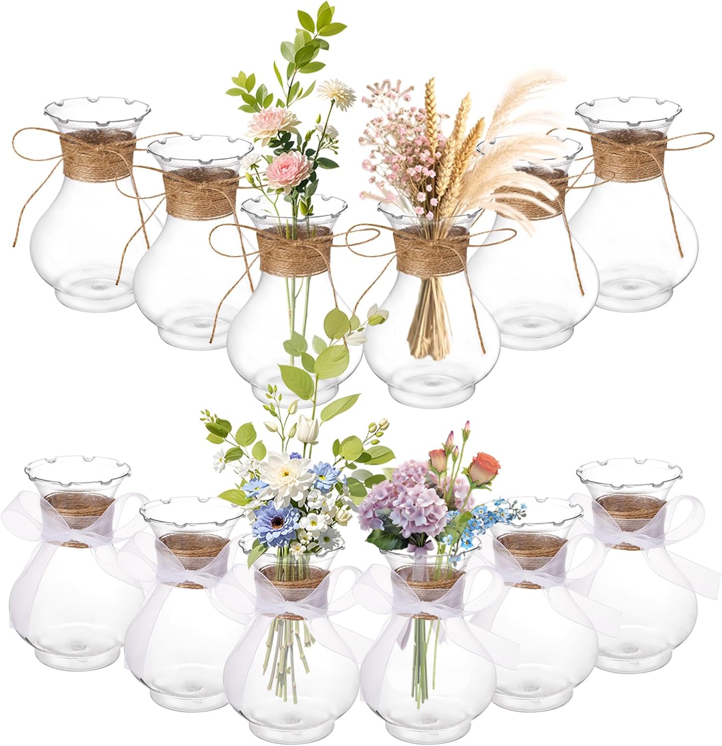 Plastic Small Vases for Centerpieces 12Pack,Plastic Bud Vase Bulk 5.7",Clear Small Vases for Flower Vase with Rope Plant Propagation Rustic for Table Decor, Wedding, Indoor & Outdoor Use