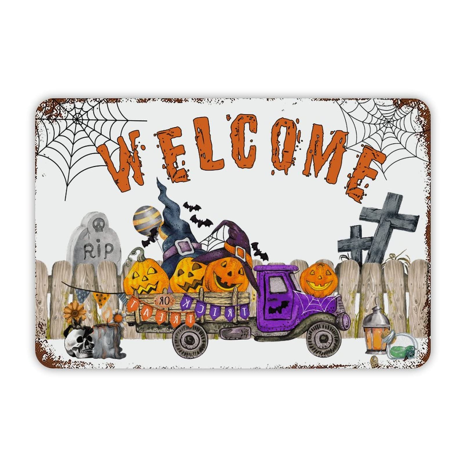 ENEDNATE Welcome Halloween Pumpkin Gnome Cat Aluminum Tin Metal Sign for Indoor Outdoor Business Retail Store Patio Yard Home Decoration Easy to Mount Wall Art Print Poster 8x12 Inch