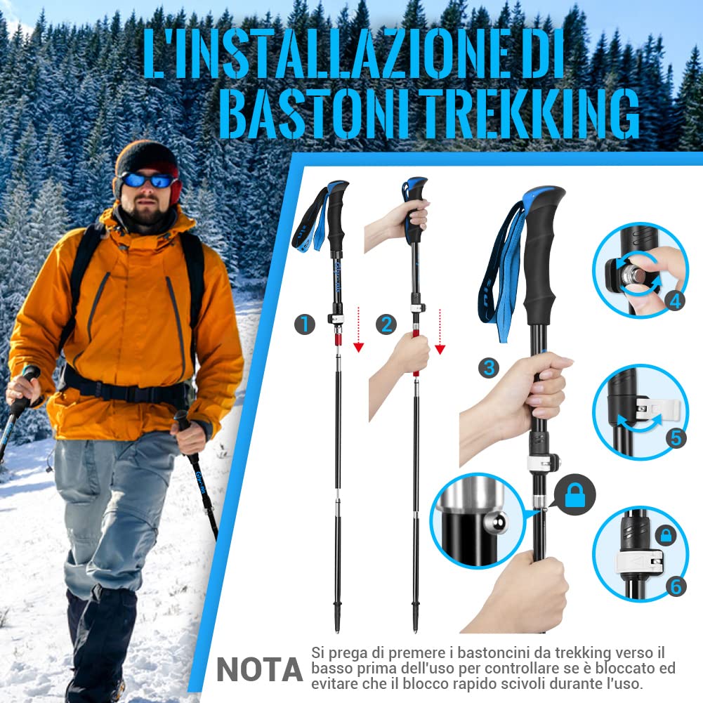 Glymnis Bastoni Trekking Bastoncini da Trekking Pieghevoli e Antiurto 110-130cm 5 Sezioni in Alluminio 7075 Impugnatura in Eva Punta in Carburo di Tungsteno per Escursioni 1 Paio