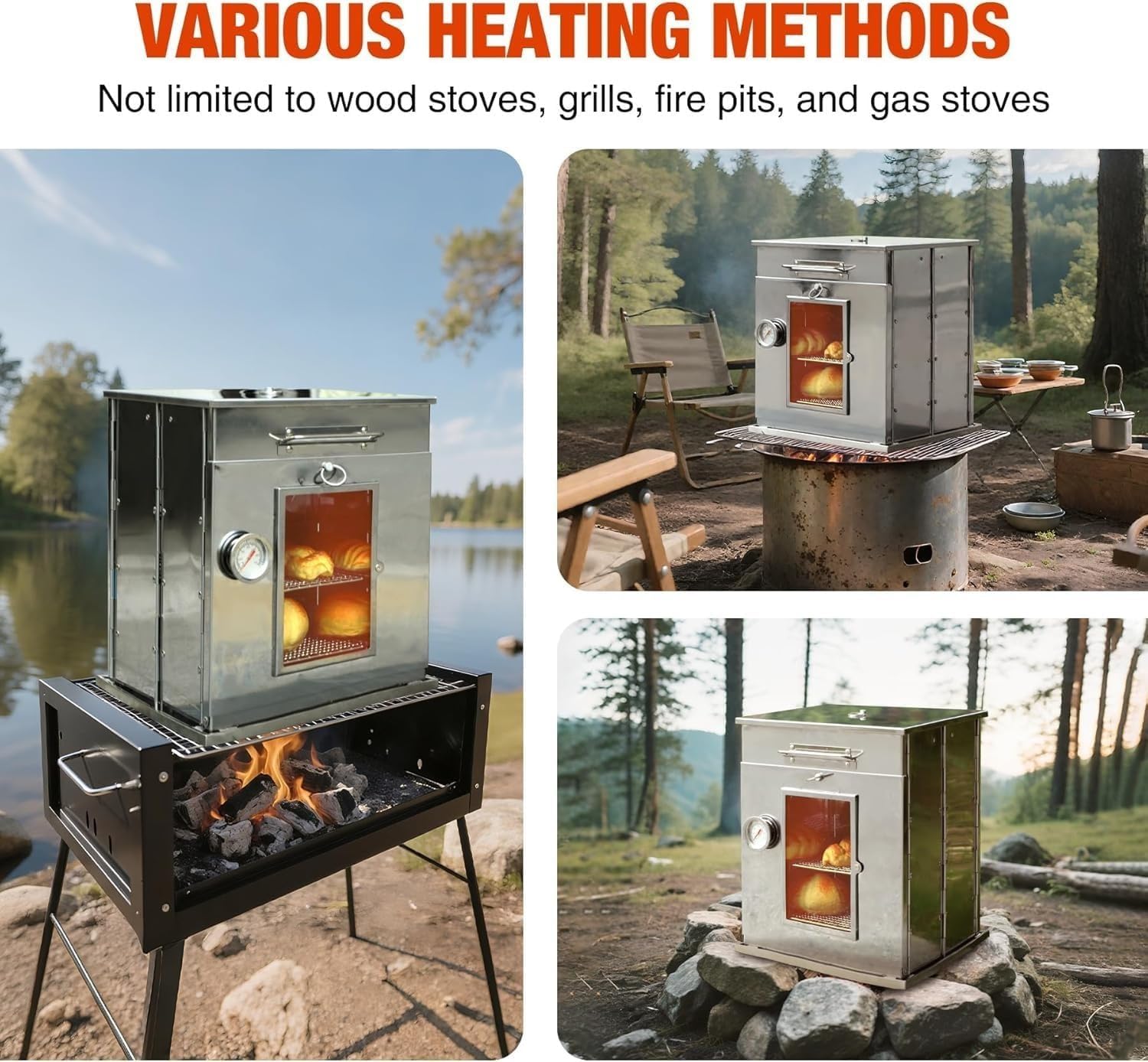 14" Foldable Camping Oven with 2 Tier Grill Grates, Stainless Steel Portable Outdoor Oven Compatible with Wood Burning and Propane Stoves for Camping BBQ Baking