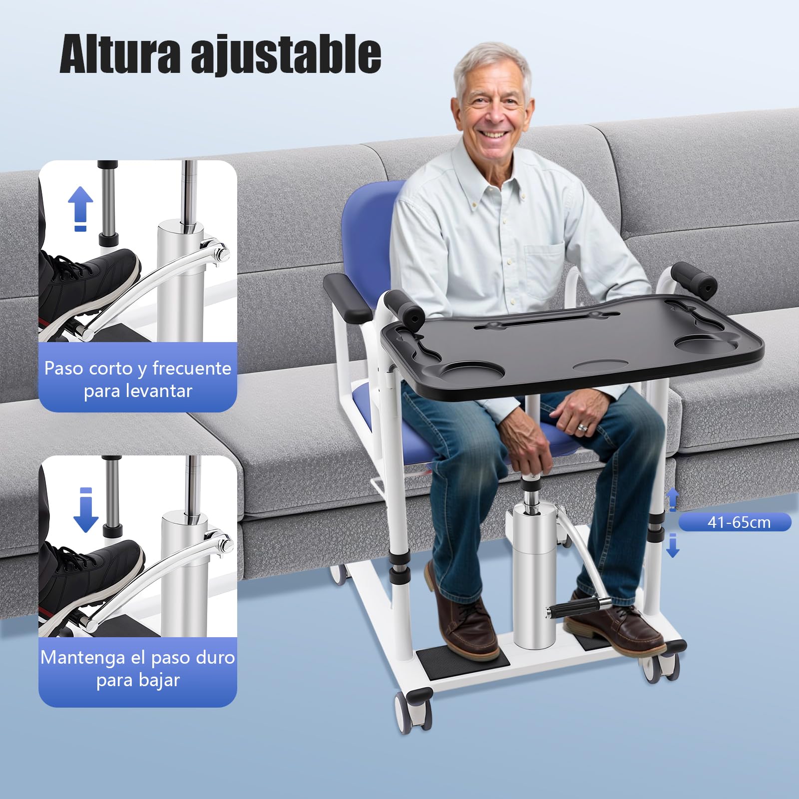 Silla hidráulica de transferencia para pacientes, capacidad de carga de 150 kg, respaldo de apertura de 180°, altura regulable de 41 a 65 cm, elevador de pacientes con mesa, función de aseo, para