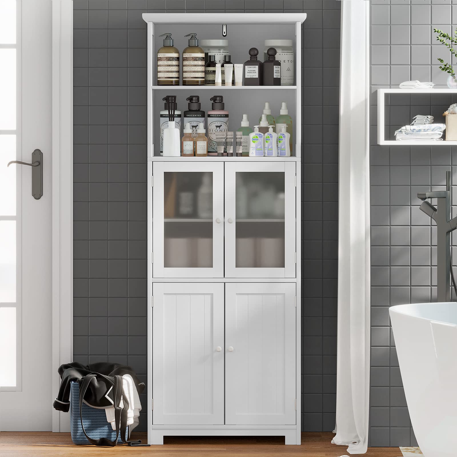 Tiptiper Tall Bathroom Storage Cabinet, Large Floor Cabinet with 2 Open ...