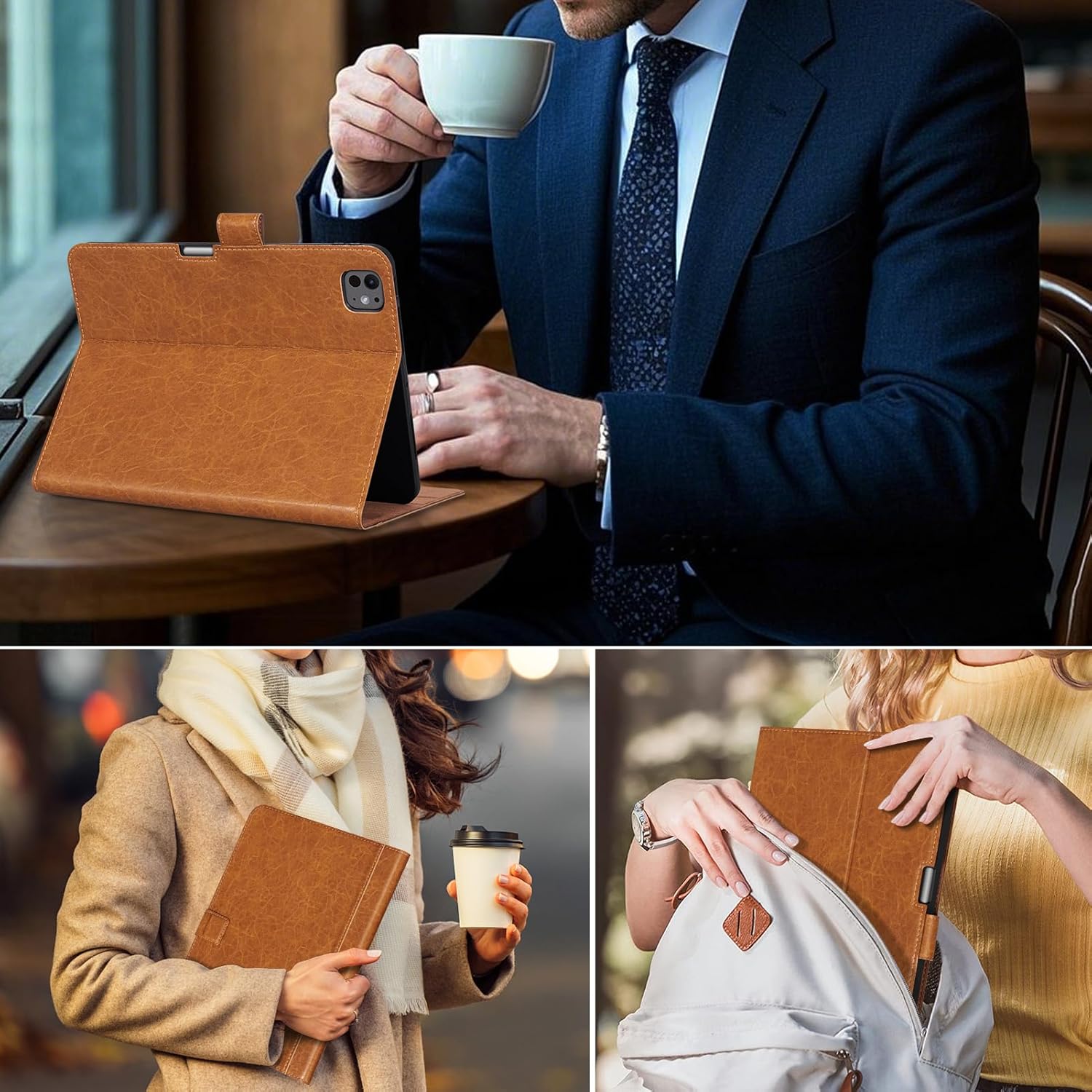 Genuine Leather iPad Case for iPad Pro 11 inch (M4) 2024 / (M5) 2025,Leather Folio Cover with Apple Pencil Holder, Auto Wake/Sleep, Adjustable Stand, Magnetic Closure,Light Brown