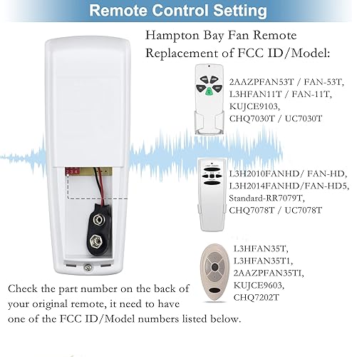 Miniatura 8 de Kit de control remoto universal para ventilador de techo Hampton Bay Harbor Breeze Hunter - Control de 3 velocidades, atenuador de luz
