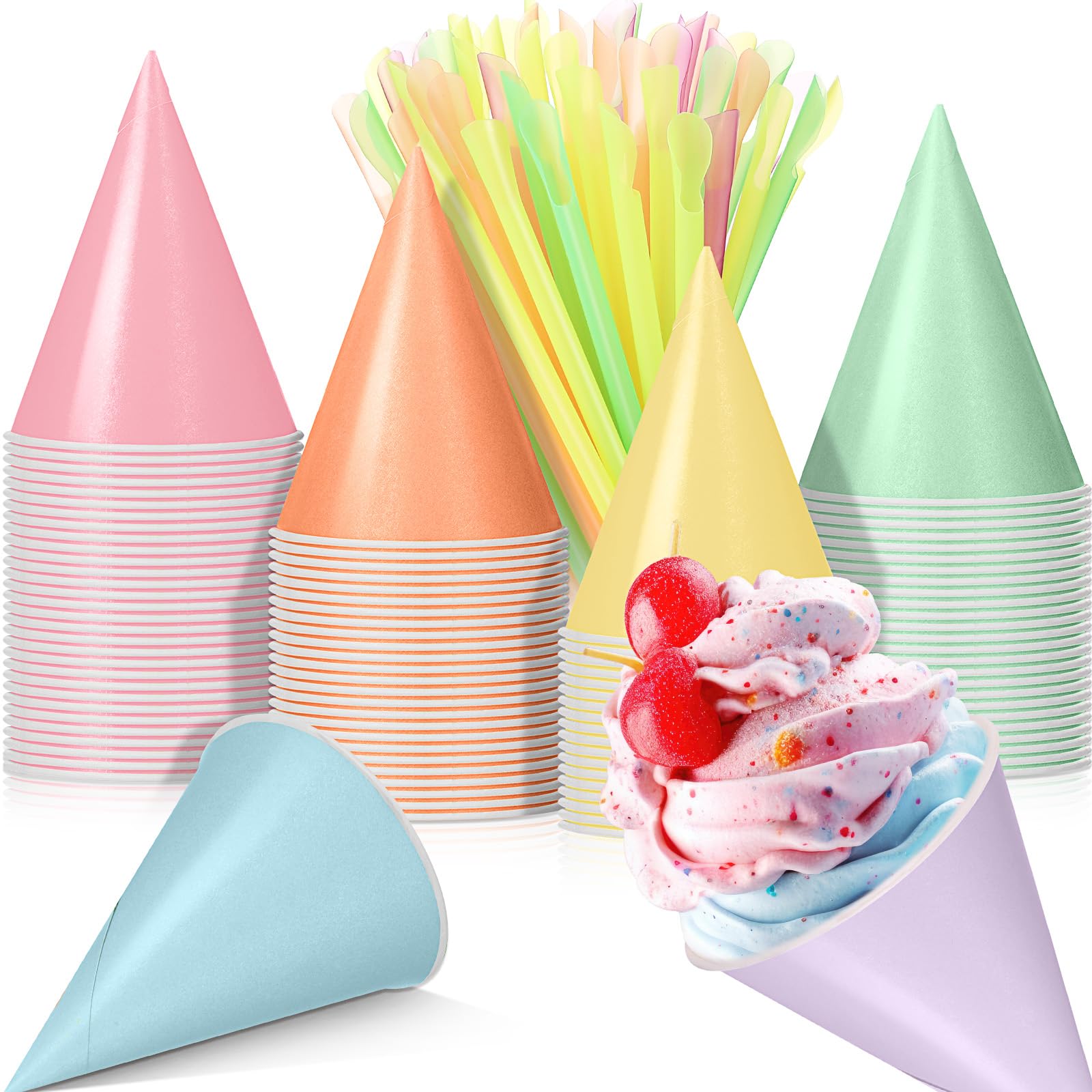 Boao 100 Pcs Snow Cone Cups Syrup Spoon Straws,Macaron,6 Oz