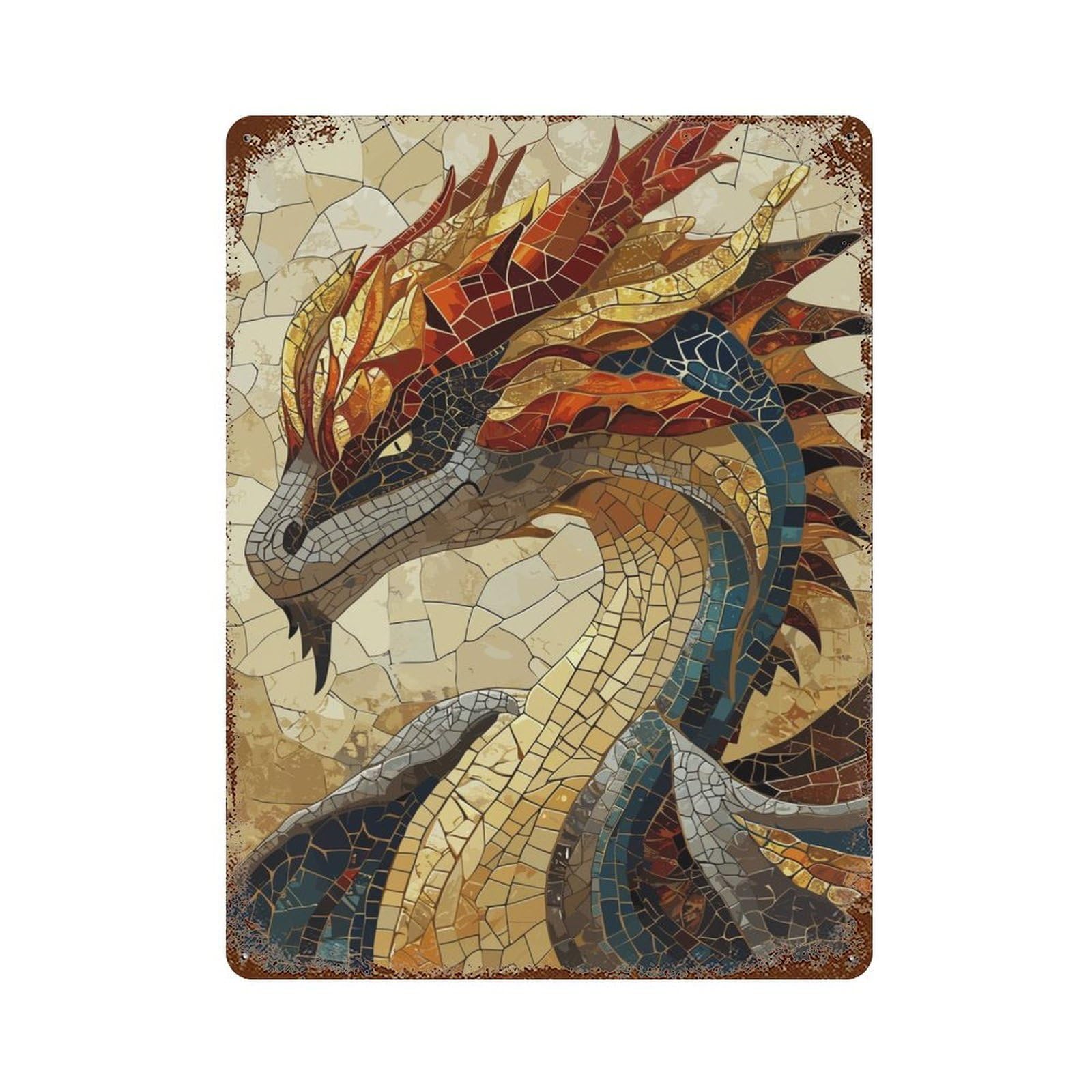 Dragon Mosaic 15.7"x11.8" Distressed Metal Wall Sign, Industrial Home Decor for Patio, Garden Room And Bar Decor