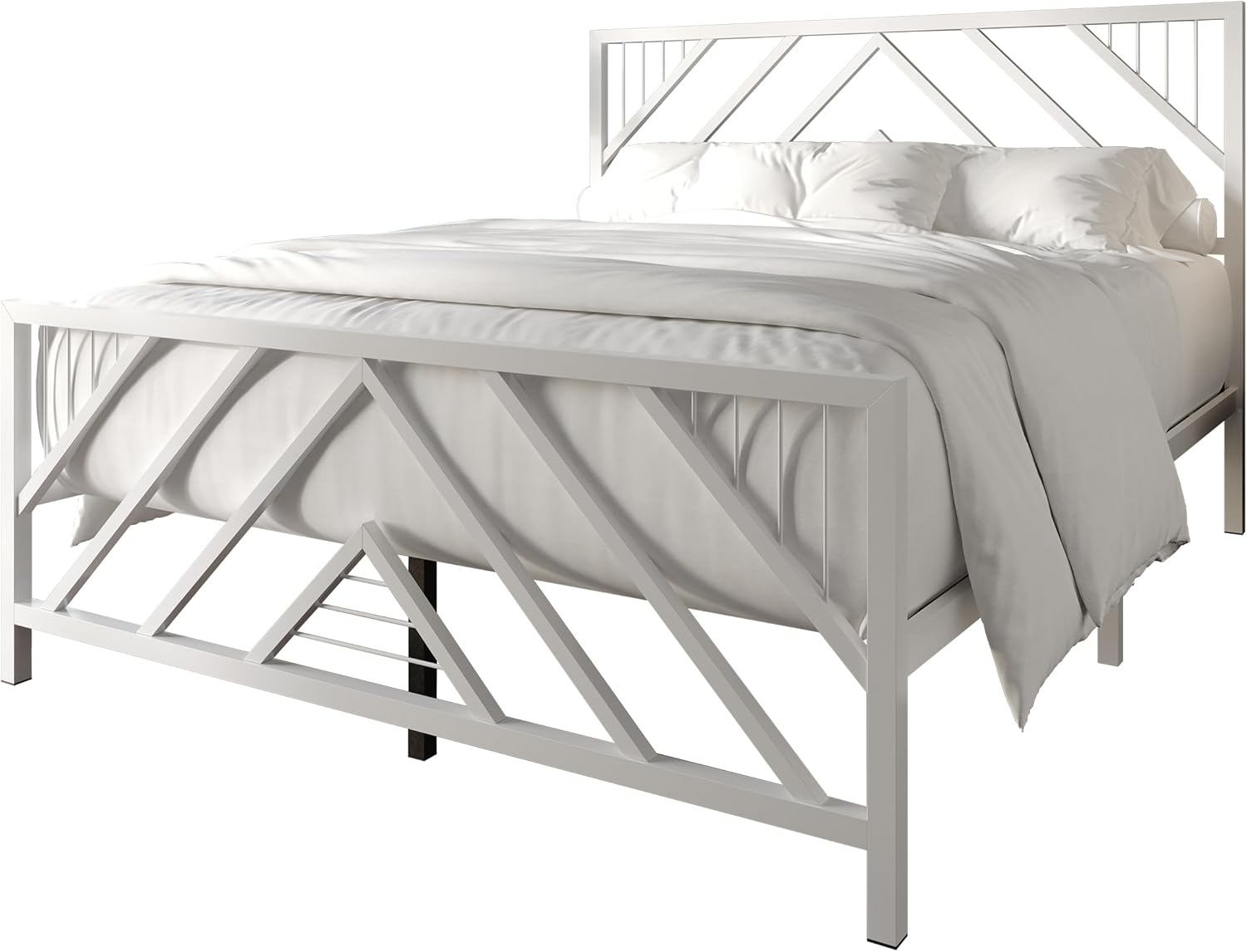 Full Geometric Slatted Design Metal Platform Bed, White