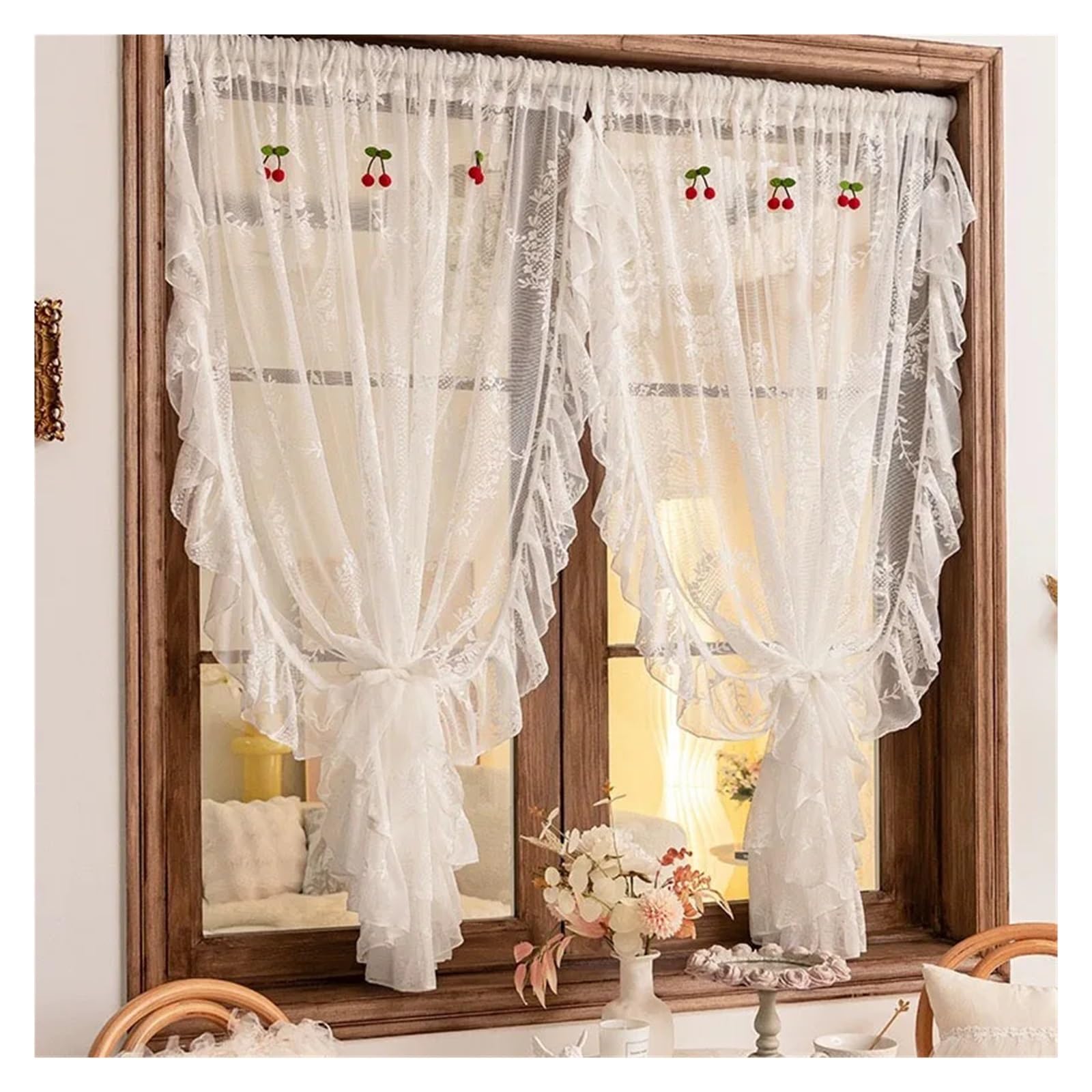 Gerüschte Vorhänge 1 PC Französisch Stil Rüschen Spitze Tüll Vorhang mit Kirschen Amerikanischen Retro Weiß Voile Sheer Vorhänge for Wohnzimmer Schlafzimmer(ROD POCKET PROCESS_W100 X H180CM 1PIECE)