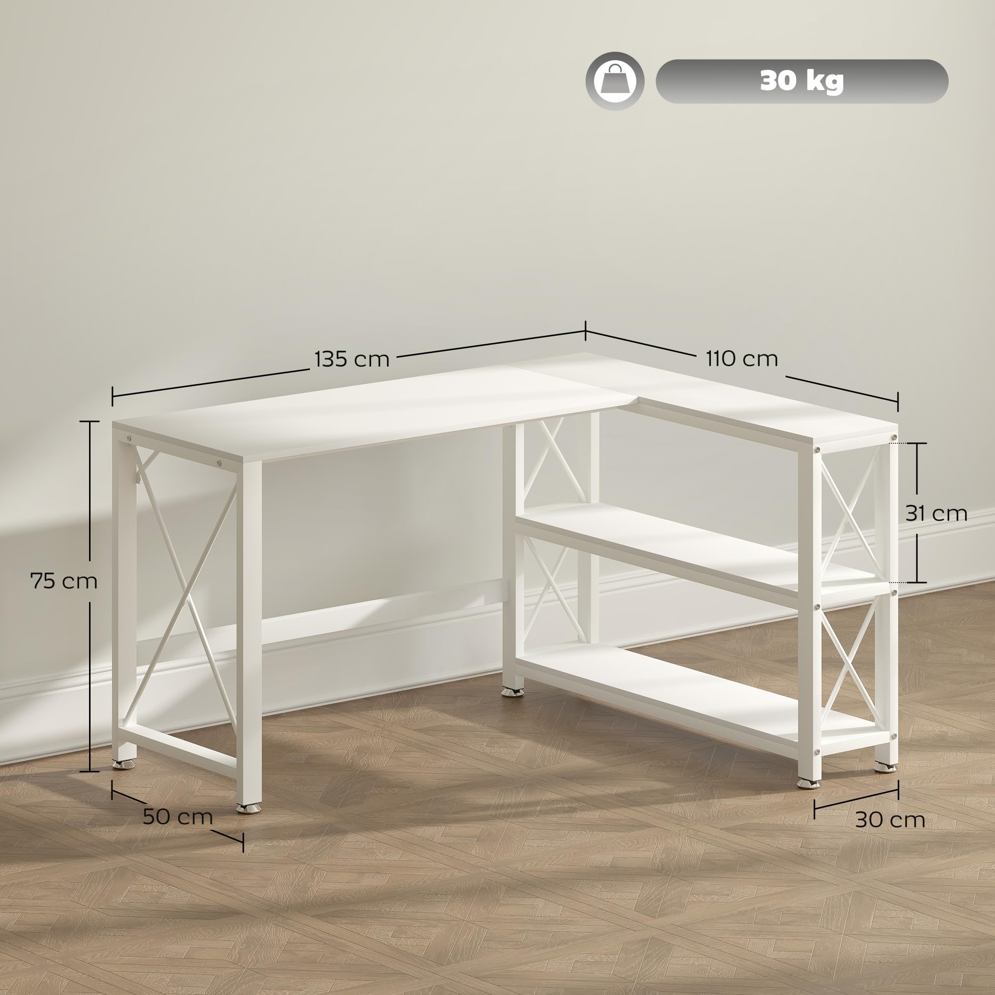HOMCOM Bureau d'angle modulable réversible, Salon, 135 x 110 x 75 cm, Blanc