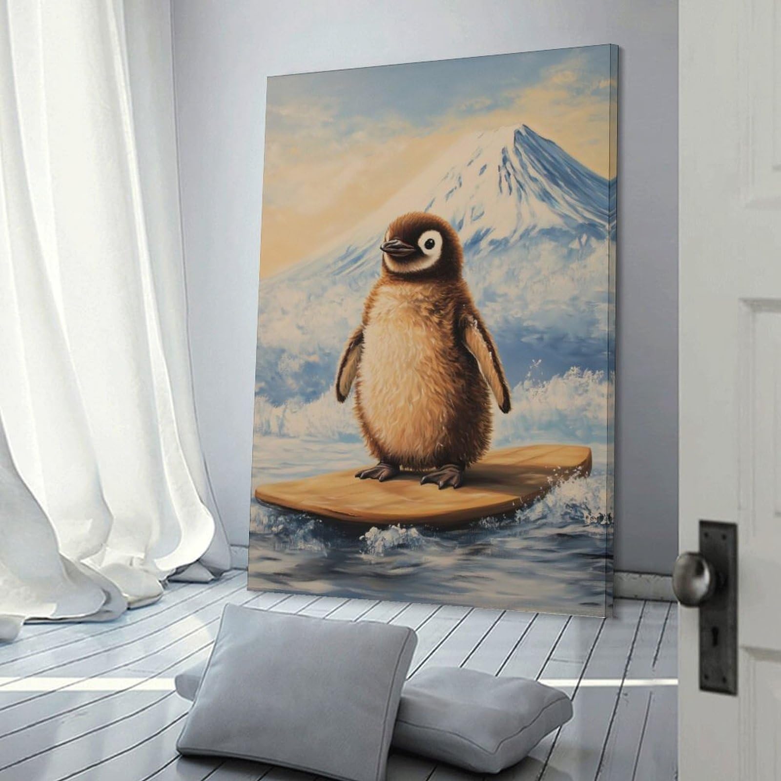 Junmoney Penguin Surfing Hanging Wall Art, 24x36inch(60x90cm), for New Homes, Bedrooms Or Workspaces, Thoughtful Wall Decor for Art Lovers