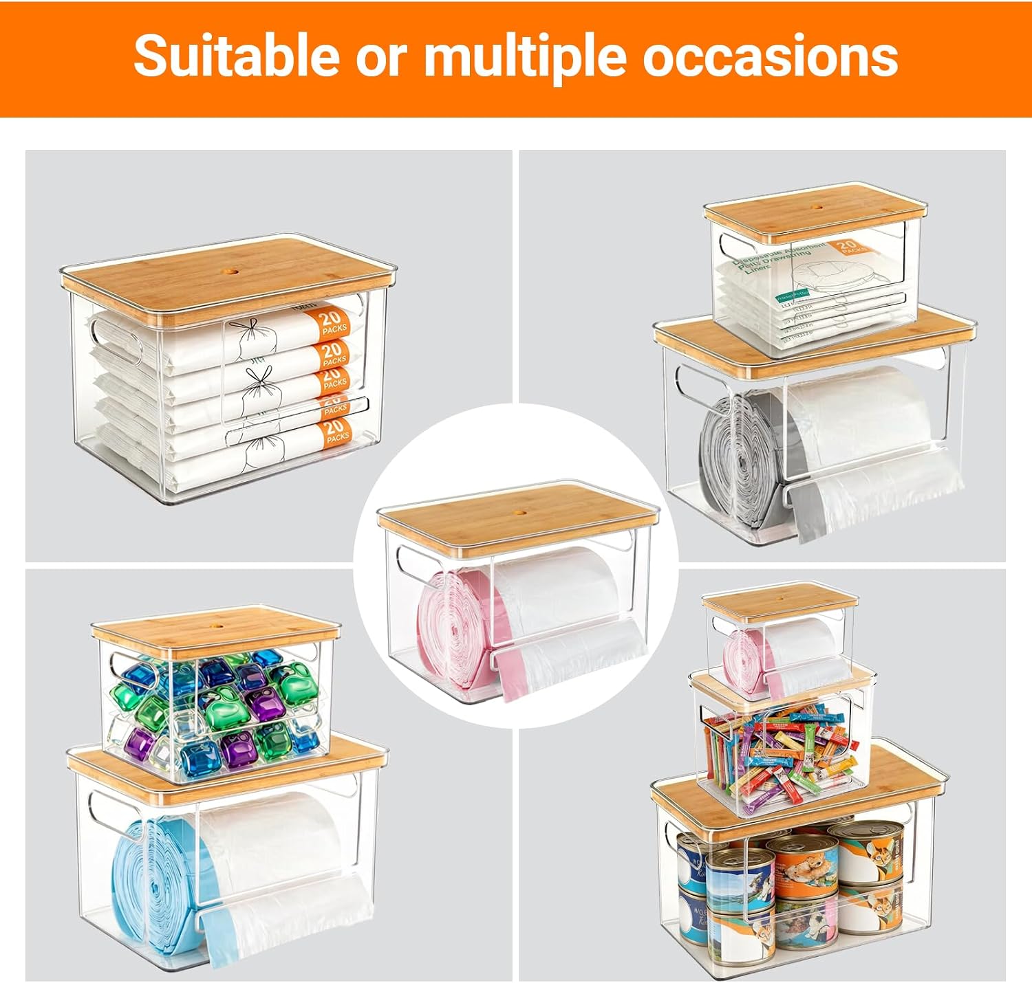 Trash Bag Dispenser and Dishwasher Pod Organizer | Clear Storage Box for Trash Bags Holder, Laundry Dishwasher Pod Storage and Under Sink Organizers for Pantry, Kitchen and Storage | Stackable Design