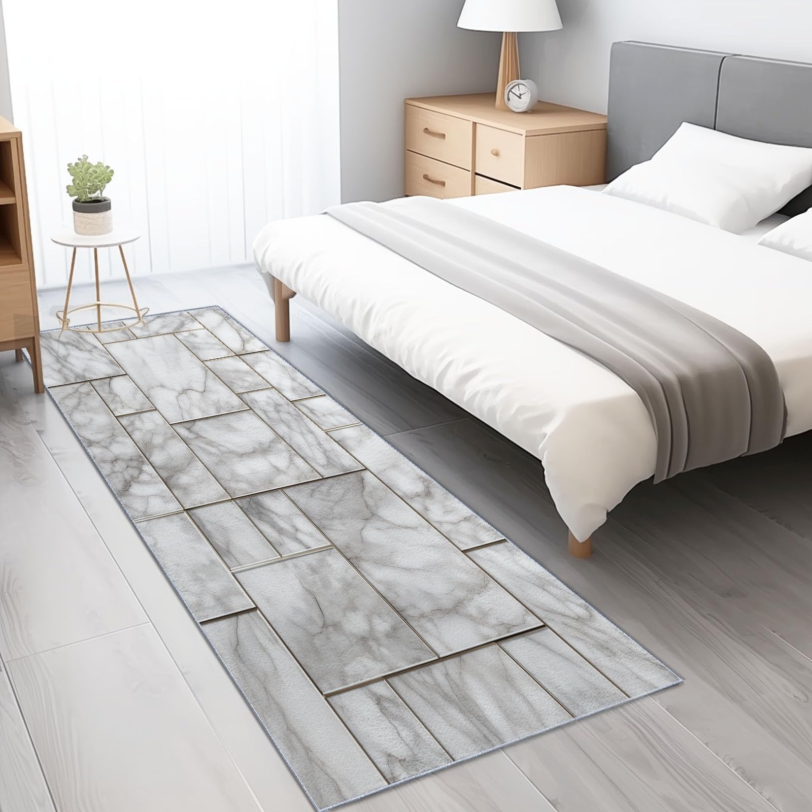 Tapis de couloir lavable et antidérapant motif marbre gris 190x250