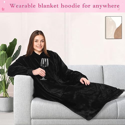 Miniatura 3 de KPBLIS Sudadera de manta portátil, manta de tiburón con capucha para mujeres y hombres, acogedora manta con mangas y bolsillo frontal grande para