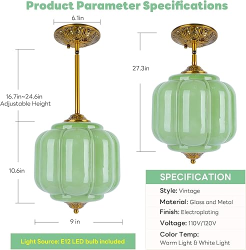 Miniatura 6 de Lámpara colgante de cristal de leche verde de 9 pulgadas, bombilla LED incluida, lámparas vintage de latón antiguo de mediados de siglo Art Deco