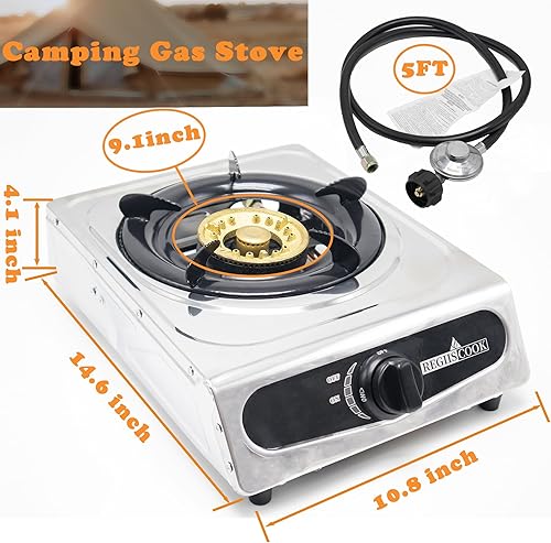 Miniatura 2 de Cocina de gas propano de 1 quemador, estufa de gas LPG portátil para camping, encimera de acero inoxidable de encendido automático con rejilla de