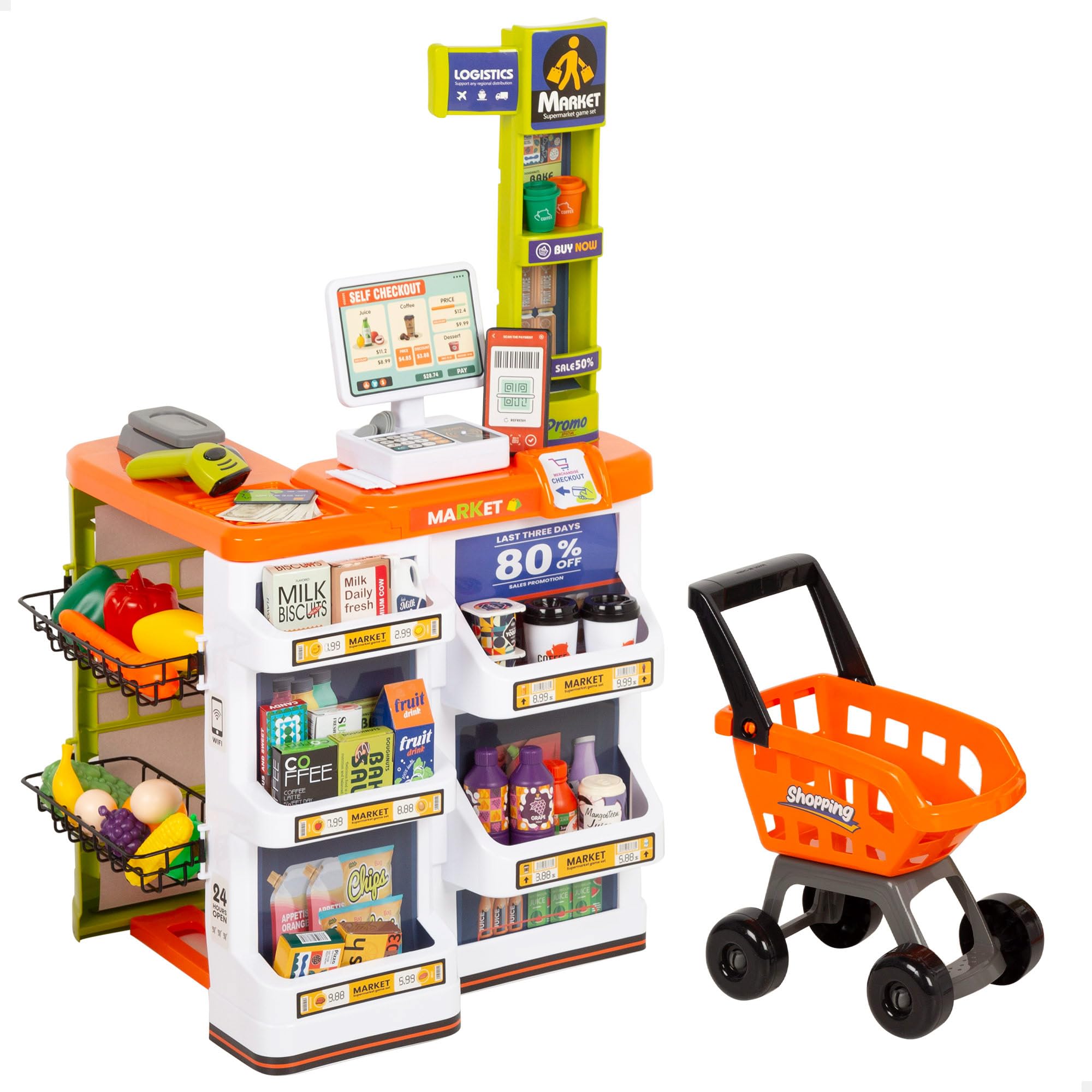 ColorBaby 47965 My Home Supermercacado Juguete con Carrito, Luz y Sonido Realista, Caja registradora electrónica, +​50 Piezas, Tamaño 50x42x82 cm, Juguetes para niños 3 años