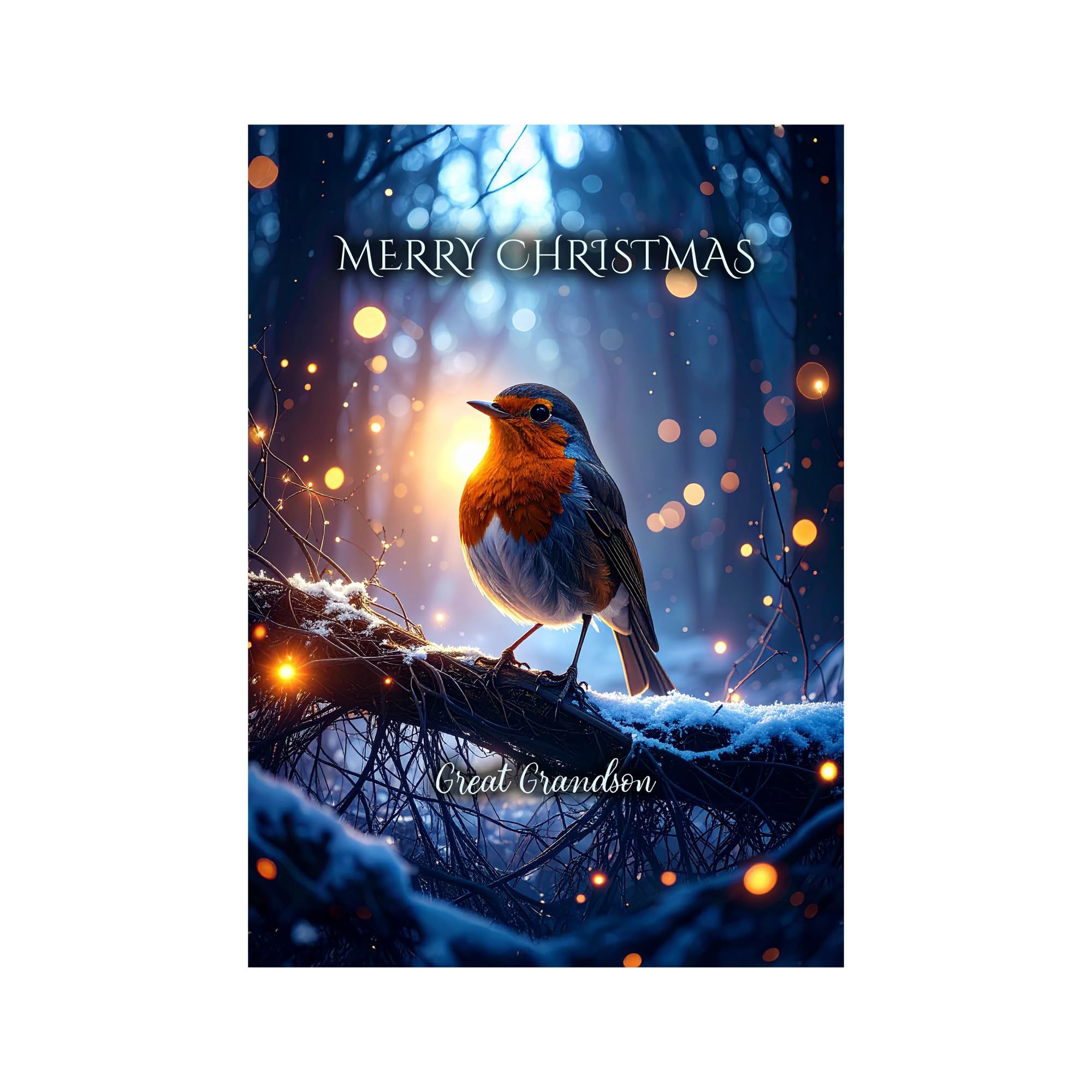 Robin Christmas Card for Great Grandson โ Peaceful Robin Perched on a Frosted Branch, A5 Luxury Greeting Card with a Special Verse Inside: Great Grandson Christmas Card