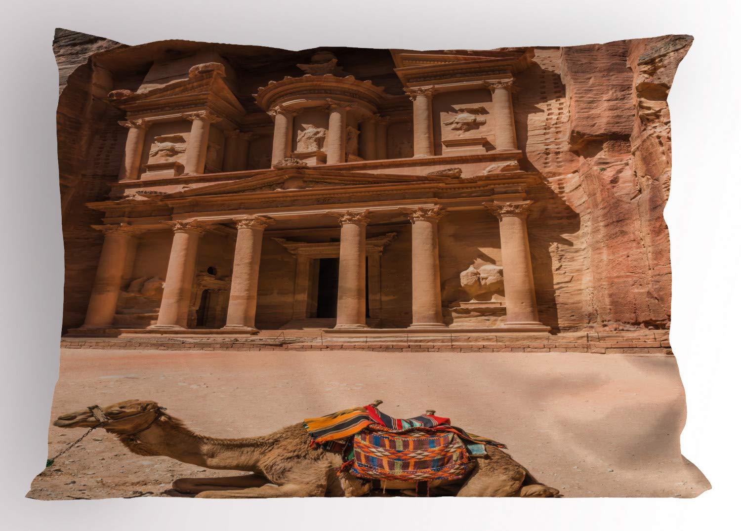 Lunarable Jordan Pillow Sham Set of 2, Al Khazneh The Treasury in Nabatean Petra Jordan Historical Building Camel, Quality Microfiber Bedding Item for All Seasons, 26