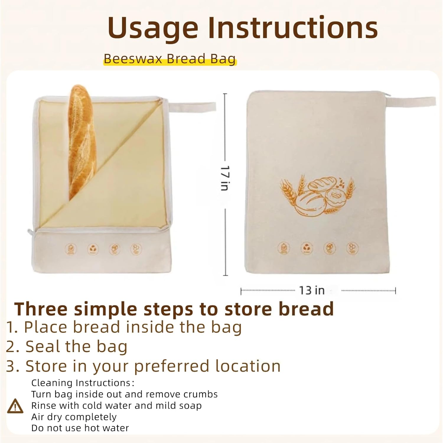 Beeswax Lining Bread Bags, Reusable Bread Bags for Sourdough and Homemade Bread, Moisture Lock with L-shaped Zipper for Bread Freshness with Sealing(2-pack)