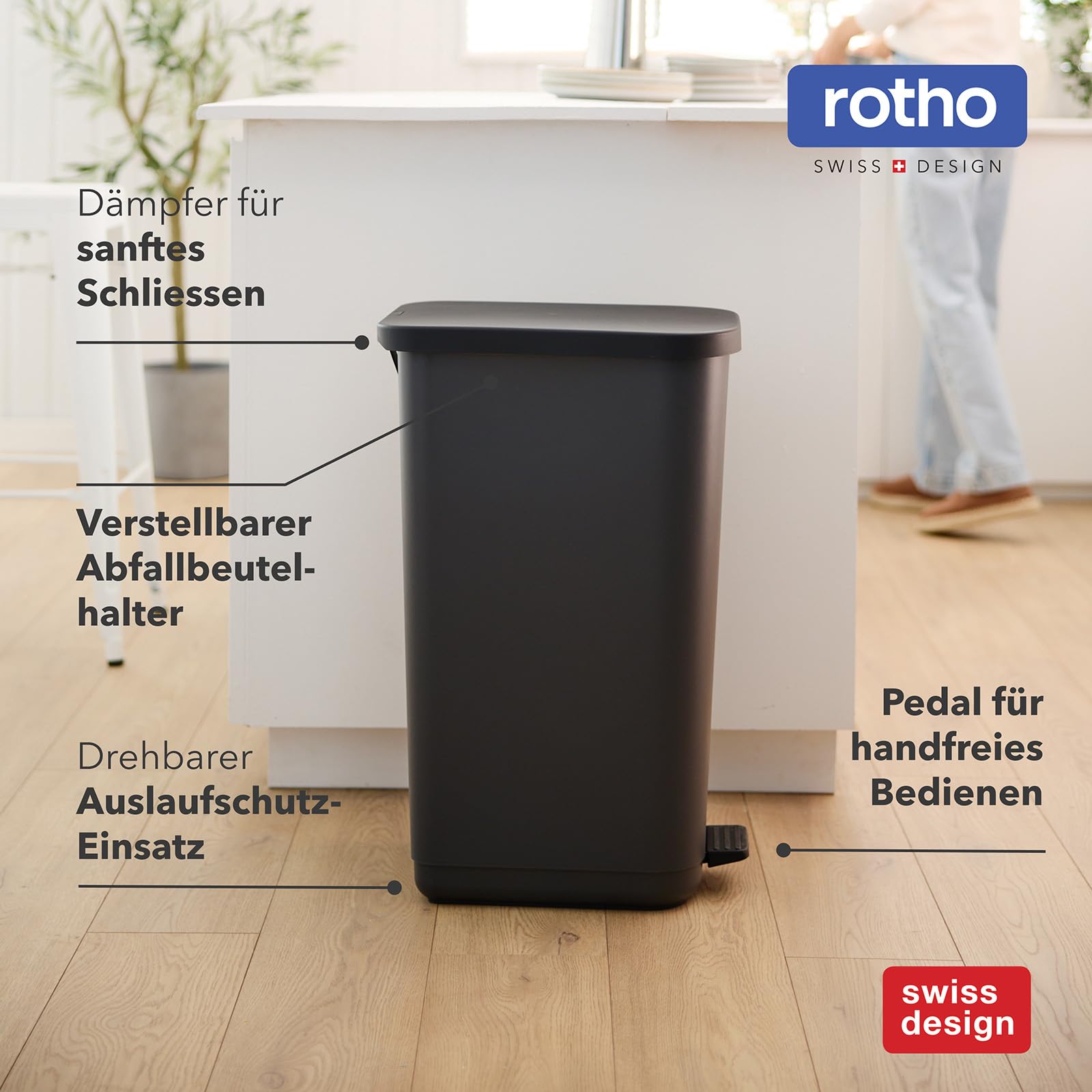 Rotho Orbe Cubo de Basura Cocina 50 L con Pedal Papelera Cocina PP Negro | Cubo de basura de 50 L con pedal y tapa, plástico PP de fácil cuidado, para residuos diarios de cocina