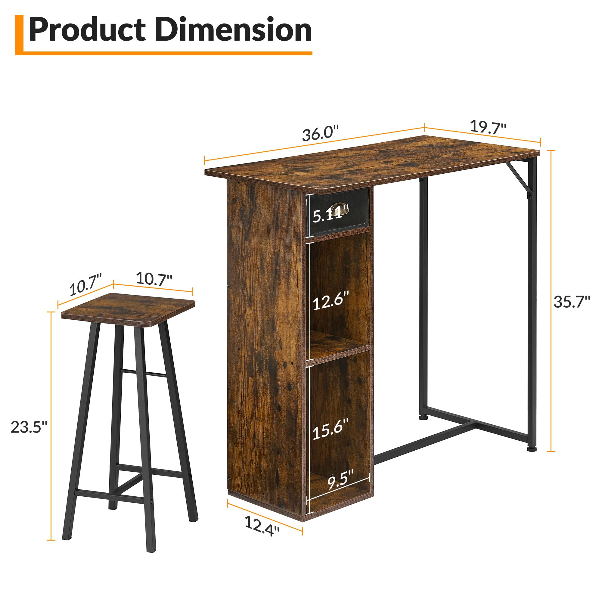 Juego de Comedor de 3 Piezas para 2 Personas, Mesa de Bar y 2 taburetes, Isla de Cocina de Altura de mostrador con estantes de Almacenamiento, cajón, Mesa pequeña de Cocina para Comedor
