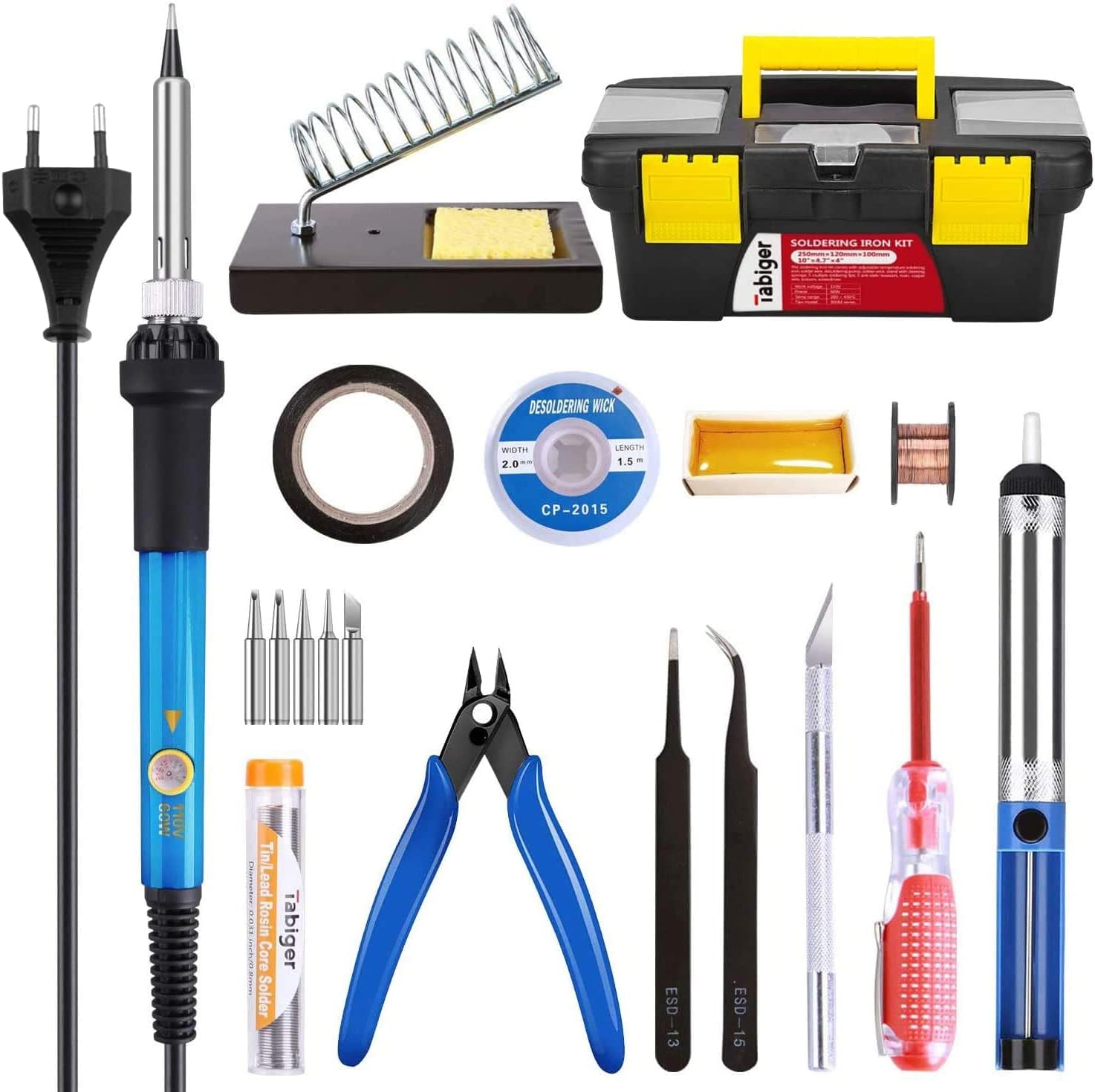 Soldering Iron Kit Electronics 60W Adjustable Temperature Soldering Iron, 5pcs Soldering Iron Tips, Solder, Rosin, Solder Wick, Stand and Other Soldering Kits in Portable Toolbox