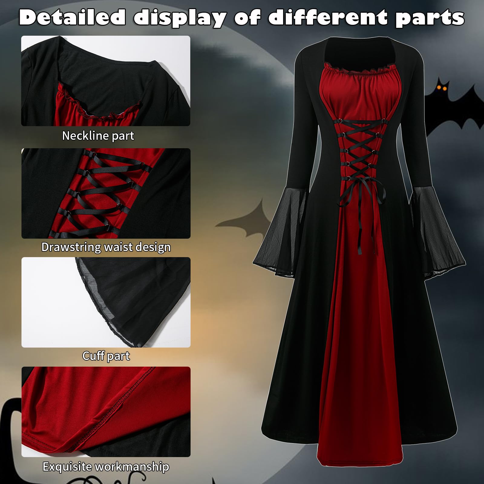 CNVAUIE Costume rinascimentale da donna, abito medievale con maniche a tromba gotico, maxi abito per carnevale, Halloween, feste