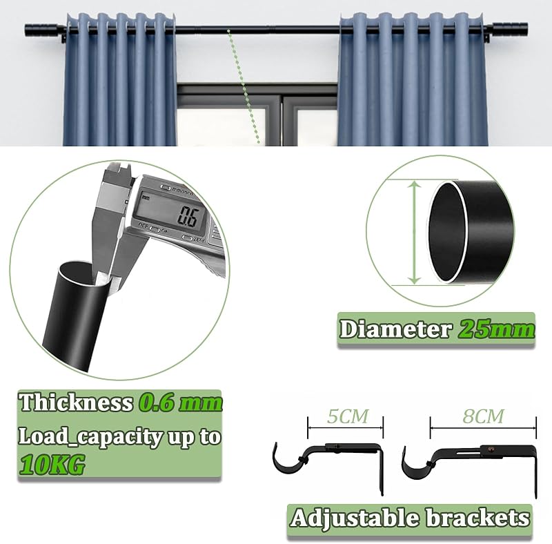 Venwemong Kihúzható Rozsdamentes Acél Függönyrúd - 25mm Átmérő, 60-135cm, Ezüst, 2db - Nappali, Hálószoba Ablakához, 10kg Teherbírás
