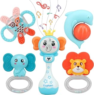TOY Life 5PCS Baby Rattle Teether Rattles Toys with Electronic Elephant Grab Shaker and Spin Rattles for Infants - Baby Musical Toys - Baby Chew Toys for 0 3 6 9 12 Month Newborn Baby Girl Boy