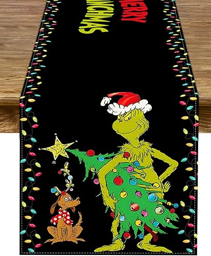 Camino de mesa Grinchmas Merry Christmas Whoville para fiestas de invierno, cocina, chimenea, comedor, decoración del hogar (negro, 13 x 72 pulgadas)
