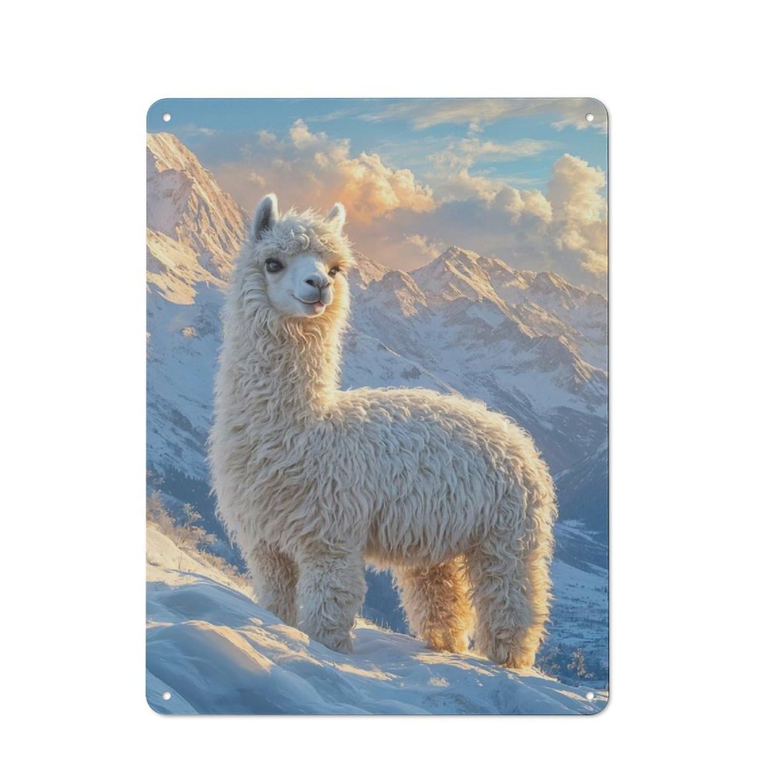 Llama in Snowy Mountain Landscape Rustic Metal Plaque 40x30cm for Studio Or Craft Room, Suited to Craft Room Decorators