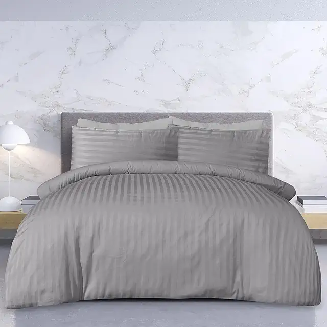 Sleepdown Premium Cotton Sateen Stripe Duvet Cover Set - Grey Double Bed