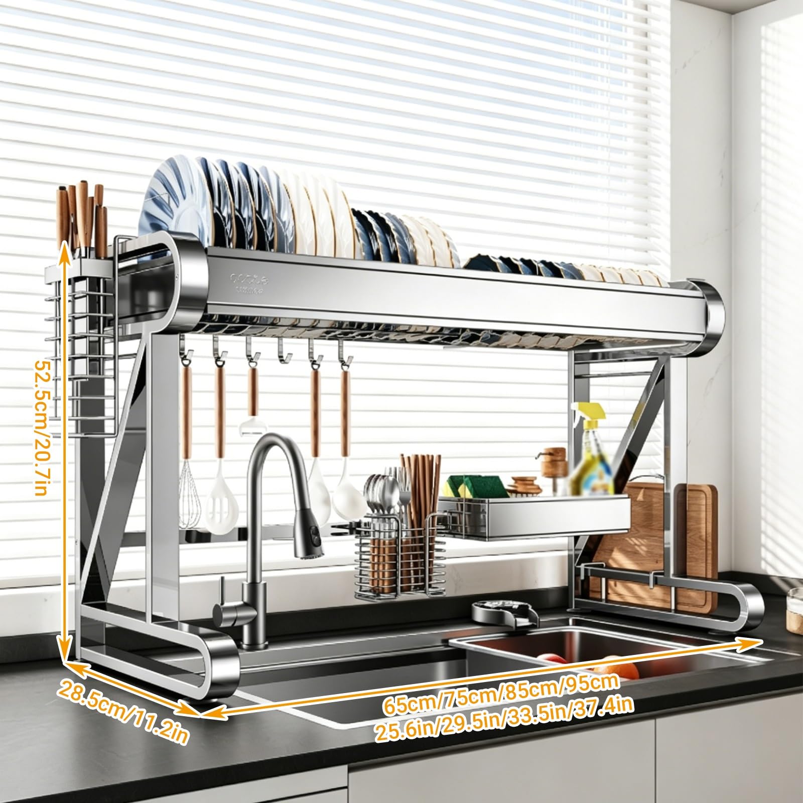 Escurridor de platos sobre el fregadero, organizador de 2 niveles de acero inoxidable 304 para platos, vasos, cuencos y cubiertos, almacenamiento multifuncional de cocina que ahorra espacio