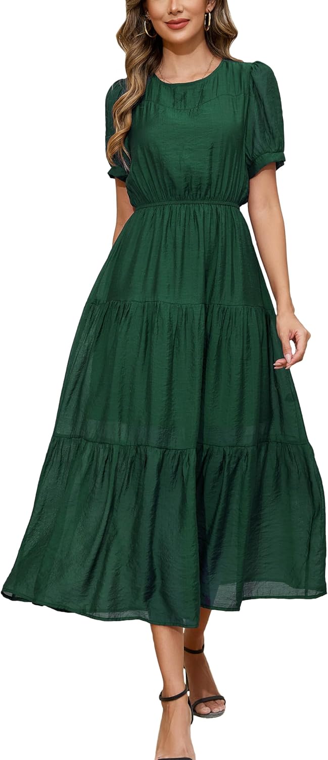 Kormei Women's Summer Casual Short Sleeve Round Neck Eastic Waist Tiered Boho Plain Beach Flowy Maxi Dress
