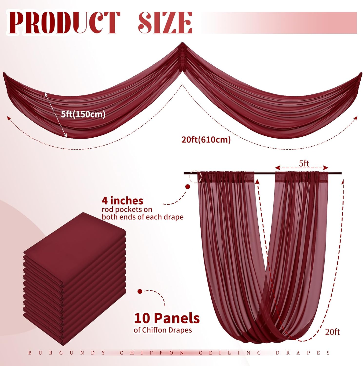 10 Panels Burgundy Ceiling Drapes for Wedding Ceiling Drapes 5ftx20ft Wedding Arch Draping Fabric Sheer Curtains Chiffon Drapery Draping Decorations for Party Ceremony Stage Swag