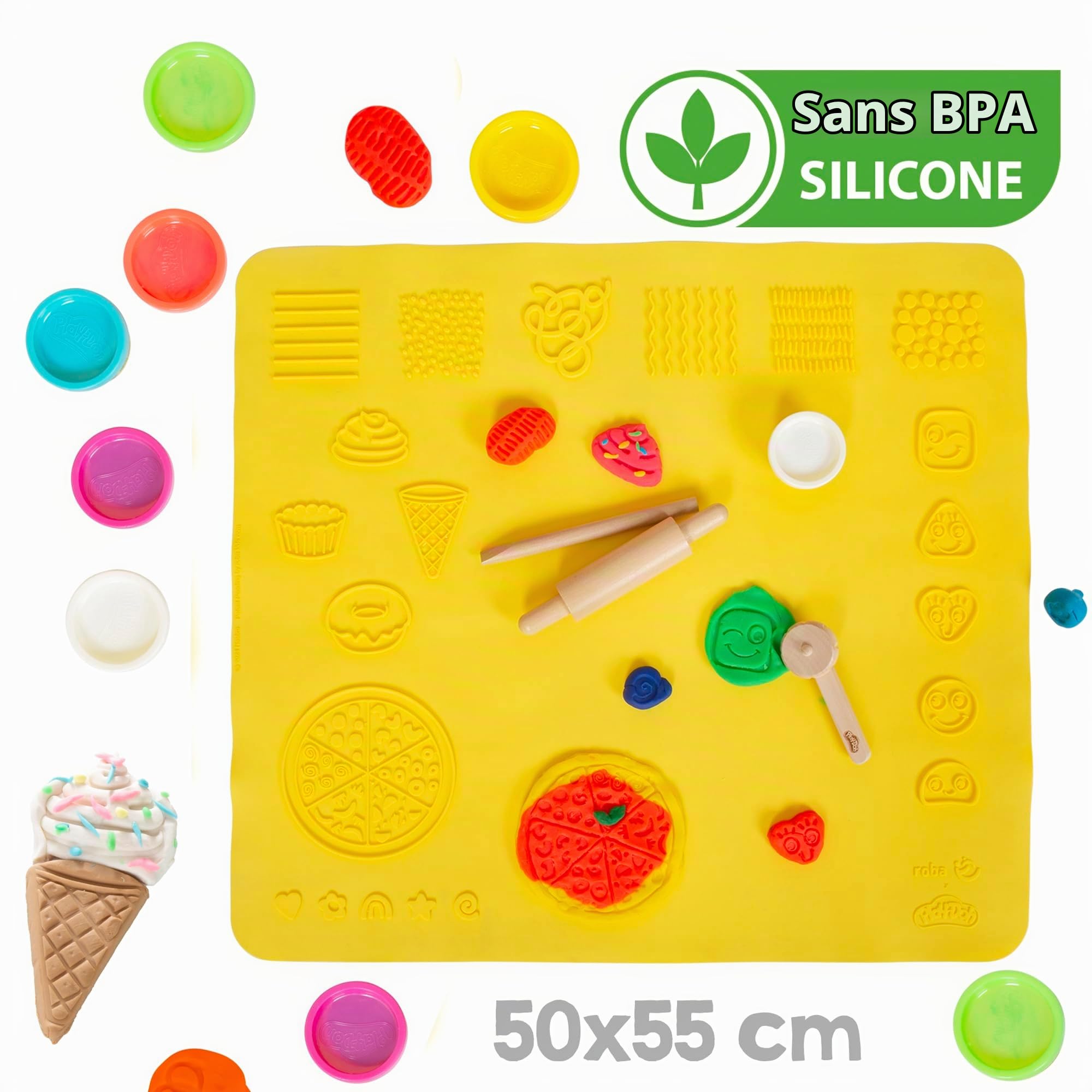 roba x Play-Doh Kit Durable pour Activités Créatives - Tapis de Modelage 3D Géant, 12 Pots de Pâte à Modeler, 3 Outils en Bois FSC - Cadeau Éducatif Prêt à Jouer - pour Enfants Dès 3 Ans