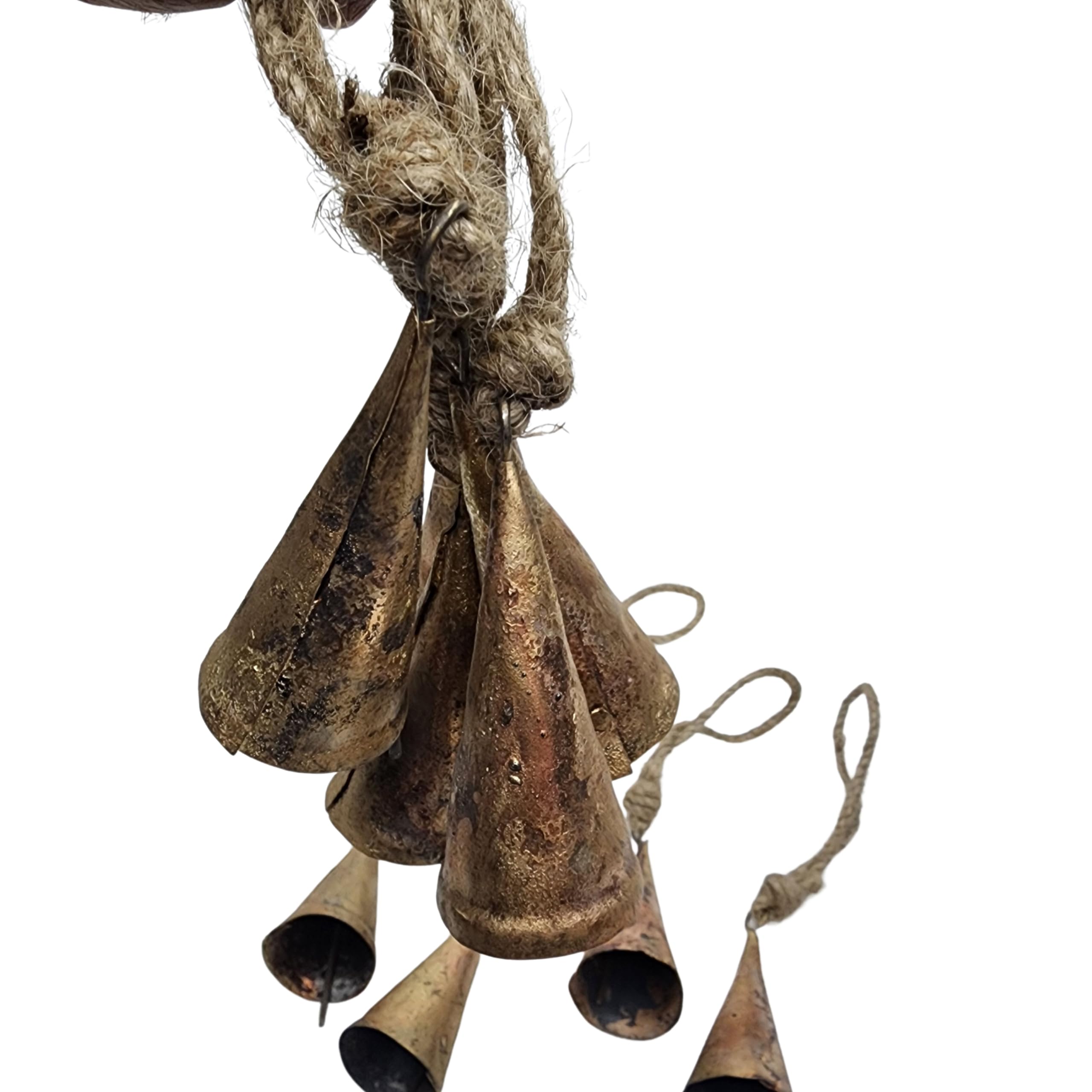 Campanas de vaca de metal de 7 cm, estilo vintage, rústicas, hechas a mano, con cuerda de yute (10 unidades, cono)