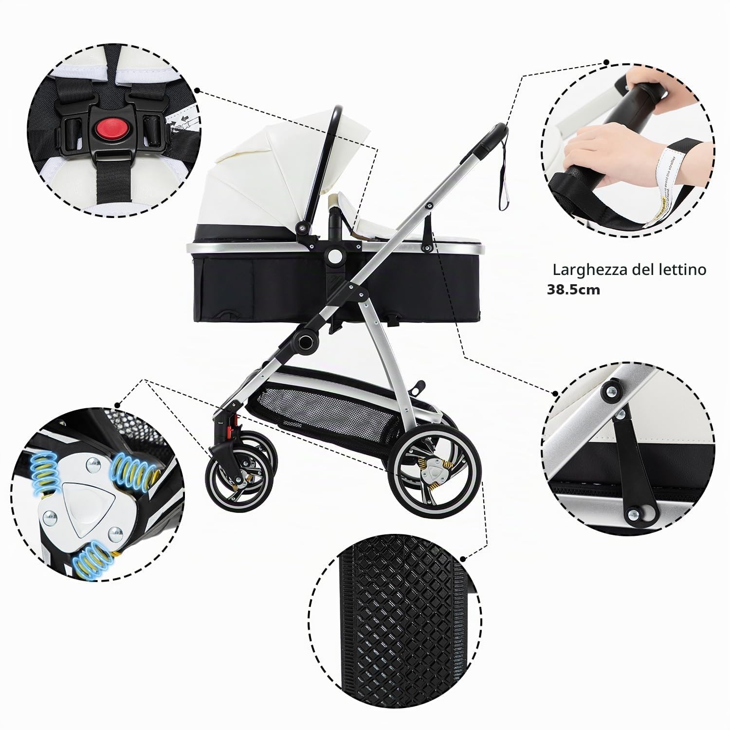 Cuoi Passeggino Combinato 3 in 1, Passeggini Cittadini Con Seggiolino Auto ECE R129, Passeggino Portatile Pieghevole In Un Clicco, Navicella Flessibile Convertibile Telaio In Alluminio Per