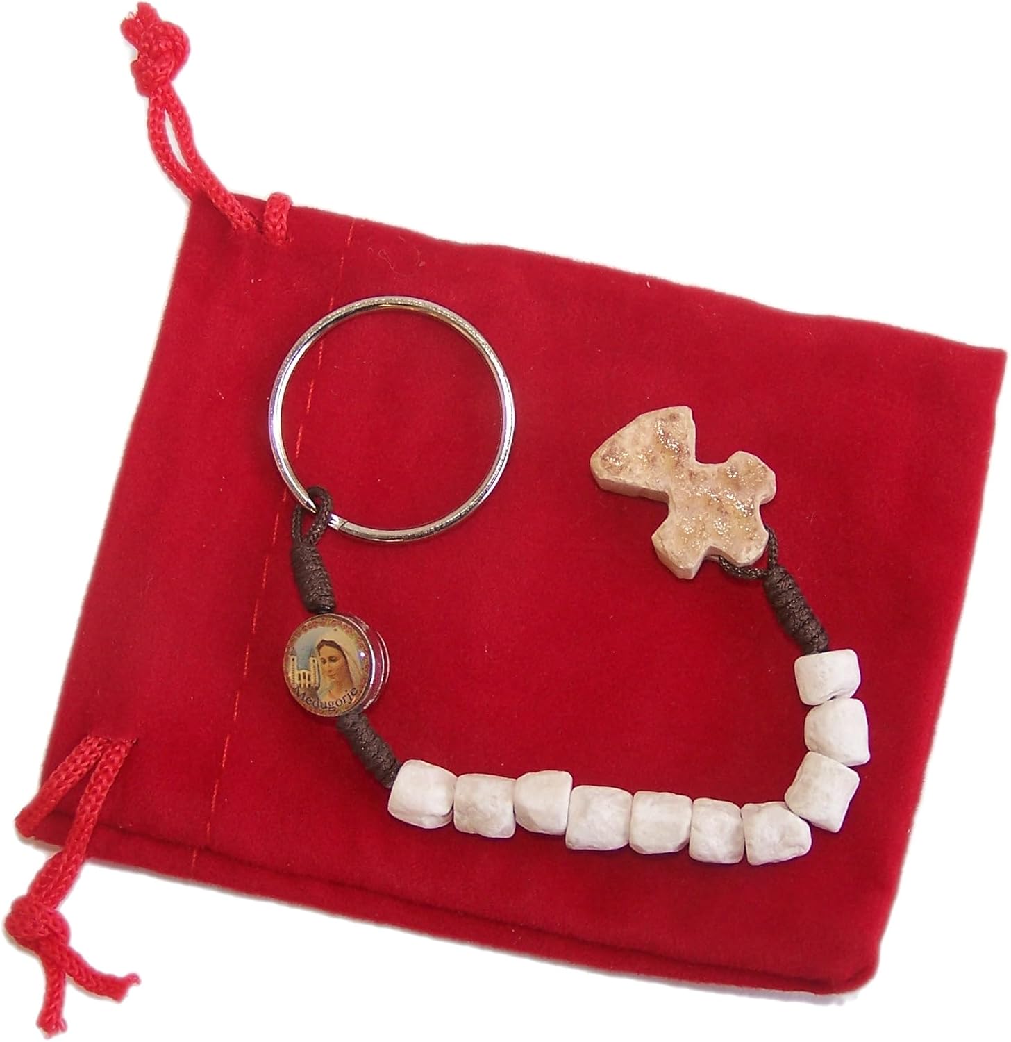 Holy Land Market Medjugorje Rosary Chaplet - Hand-Carved Stones from Apparition Hill, Divine Mercy & Blessed Mother Medal, Gift Card Included
