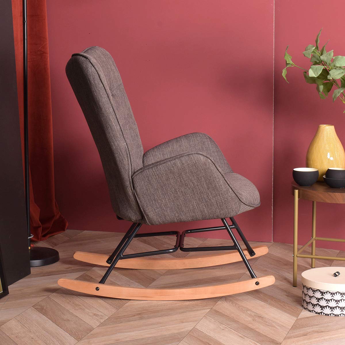 Poltrona A Dondolo BAKAJI In Tessuto Grigio - Struttura Legno, Piedi Metallo, Design Scandinavo, 90x70x95 Cm - Foto 14