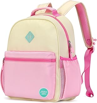 mibasies Kids Backpack for Girls, Kindergarten Backpack School Bag for Toddler Girls Age 5-8, Beige Pink